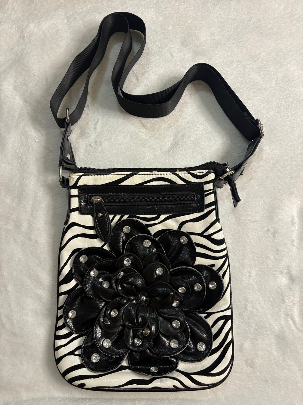 2000s inspired Black & White Zebra Crossbody Bag with Floral Applique